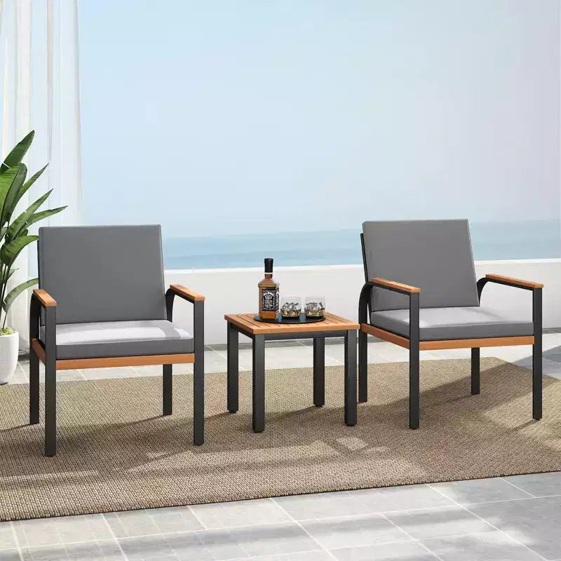 Costway Set Arredo da Giardino 3 Pezzi con Tavolino Cuscini Rimovibili Braccioli in Legno di Acacia Nero/Grigio
