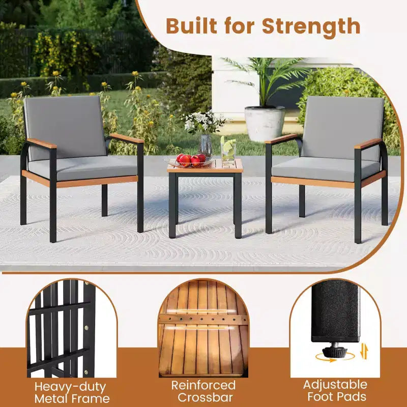 Costway Set Arredo da Giardino 3 Pezzi con Tavolino Cuscini Rimovibili Braccioli in Legno di Acacia Nero/Grigio