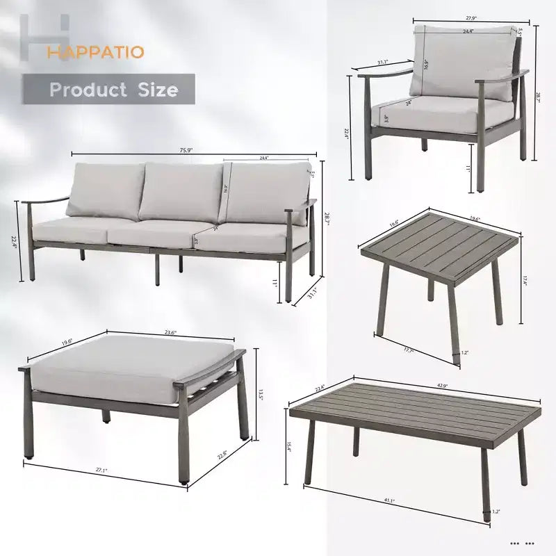HAPPATIO Set Conversazione da Esterno in Alluminio 7 Pezzi Include 1 Divano a Tre Posti, 1 Tavolino da Caffè, 1 Tavolino Laterale, 2 Poltrone e 2 Pouf/Ottoman
