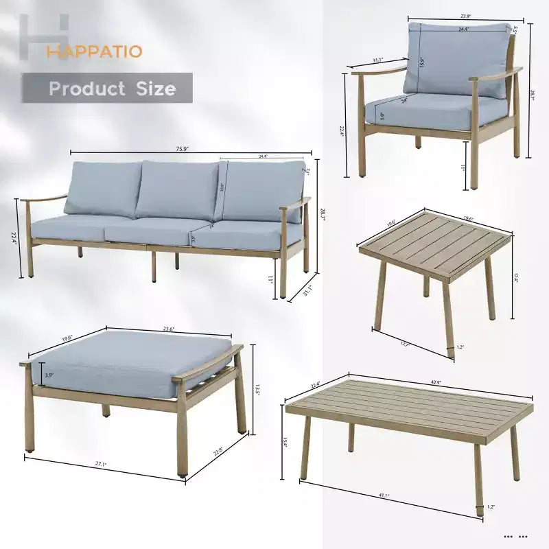 HAPPATIO Set Conversazione da Esterno in Alluminio 7 Pezzi Include 1 Divano a Tre Posti, 1 Tavolino da Caffè, 1 Tavolino Laterale, 2 Poltrone e 2 Pouf/Ottoman