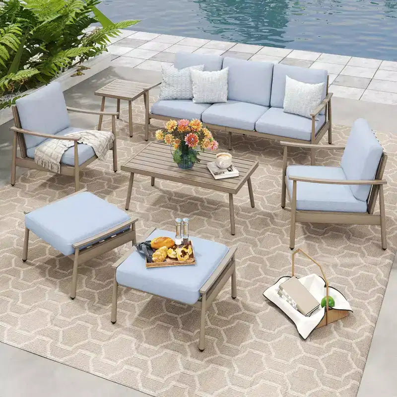 HAPPATIO Set Conversazione da Esterno in Alluminio 7 Pezzi Include 1 Divano a Tre Posti, 1 Tavolino da Caffè, 1 Tavolino Laterale, 2 Poltrone e 2 Pouf/Ottoman