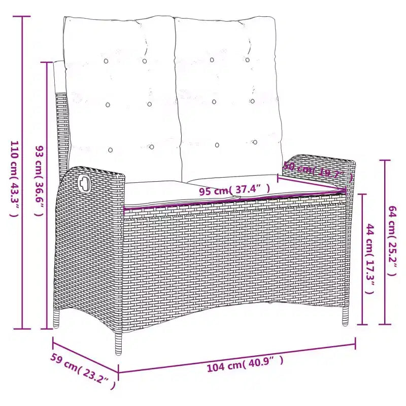 vidaXL Set da pranzo da giardino con cuscini - 2 pezzi, in polyrattan nero, tavolo da esterno e panca reclinabile