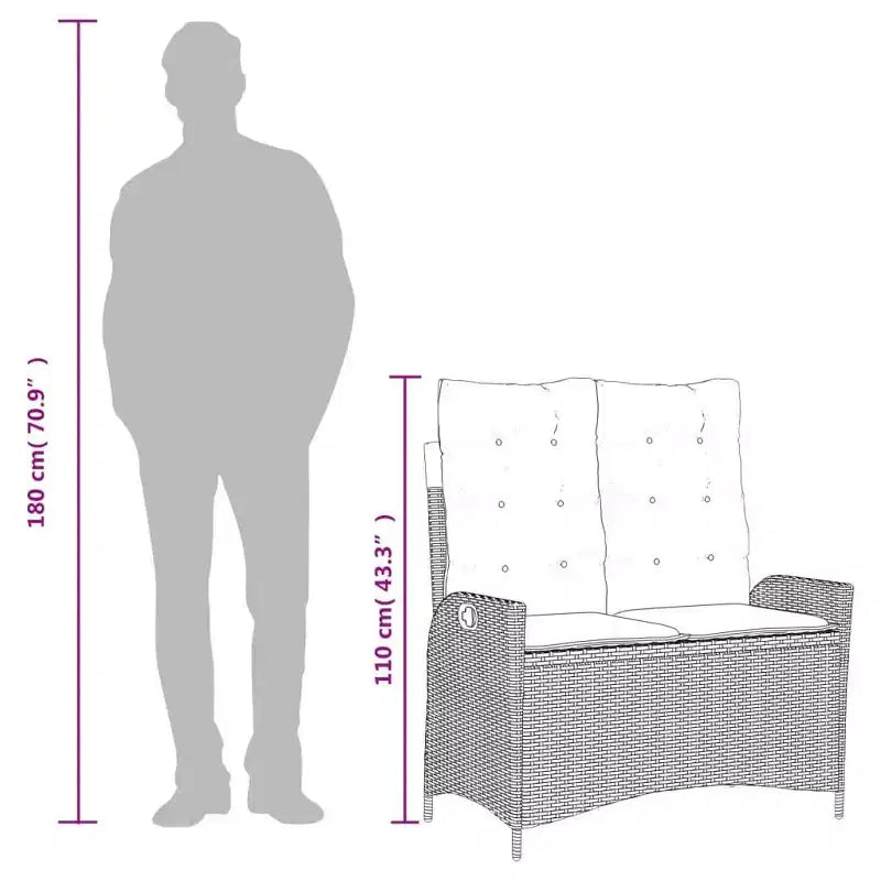 vidaXL Set da pranzo da giardino con cuscini - 2 pezzi, in polyrattan nero, tavolo da esterno e panca reclinabile