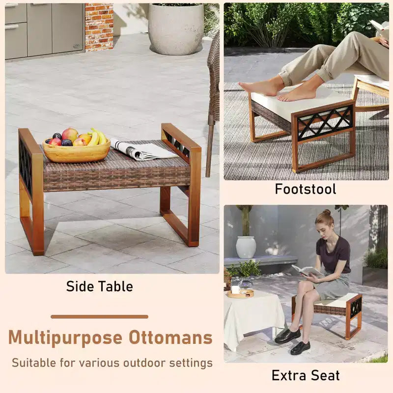 Set di mobili da esterno Costway 7 pezzi in vimini PE con pouf, cuscini e tavoli divano sedia