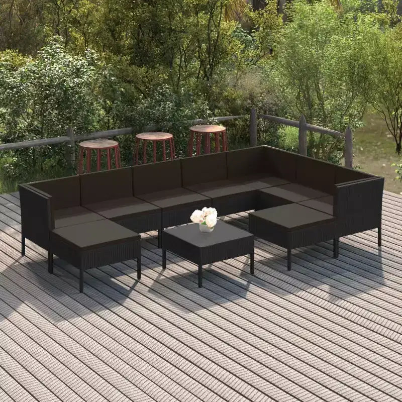 vidaXL Set Salotto da Giardino 10 pz - Polyrattan con Cuscini e Tavolino - Resistente agli Agenti Atmosferici, Facile da Pulire, Nero