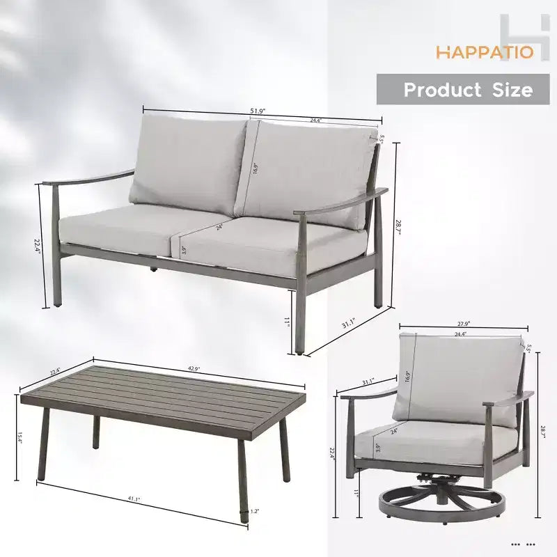 HAPPATIO Set di Mobili da Esterno per Patio, Set da Conversazione da 4 Pezzi in Alluminio con Tavolino da Caffè, Sedie Girevoli e Divanetto per Giardino, Terrazza, Piscina