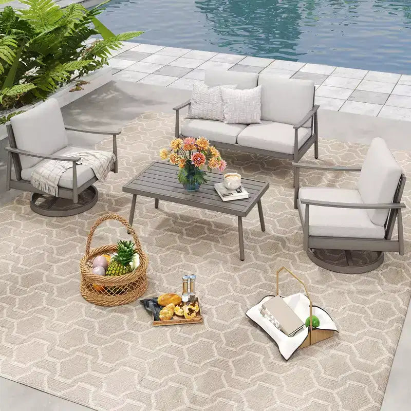 HAPPATIO Set di Mobili da Esterno per Patio, Set da Conversazione da 4 Pezzi in Alluminio con Tavolino da Caffè, Sedie Girevoli e Divanetto per Giardino, Terrazza, Piscina