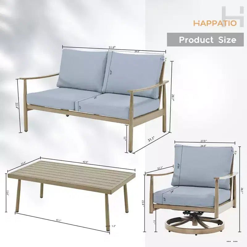 HAPPATIO Set di Mobili da Esterno per Patio, Set da Conversazione da 4 Pezzi in Alluminio con Tavolino da Caffè, Sedie Girevoli e Divanetto per Giardino, Terrazza, Piscina