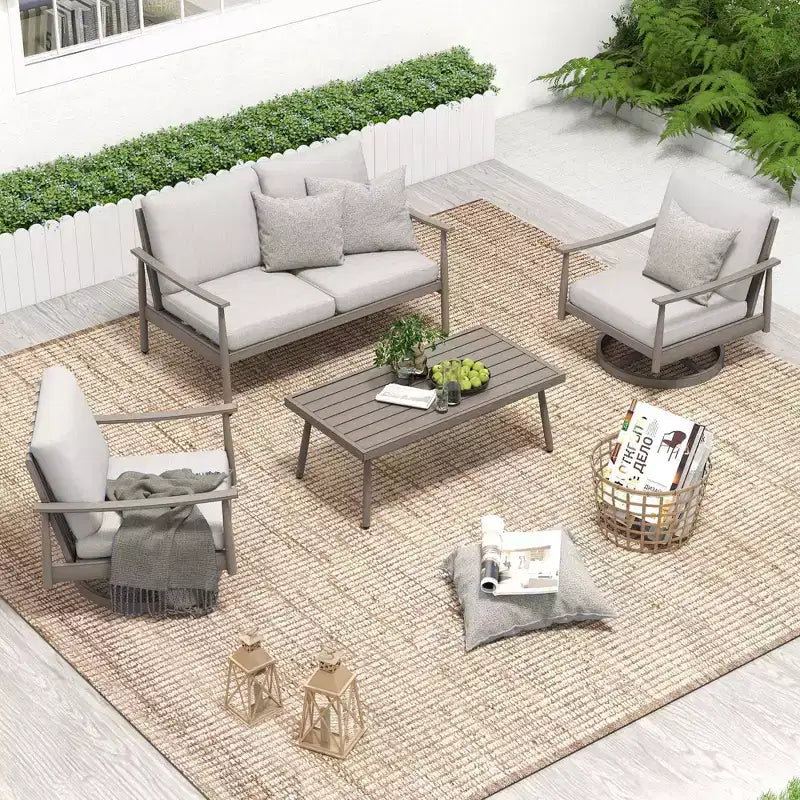 HAPPATIO Set di Mobili da Esterno per Patio, Set da Conversazione da 4 Pezzi in Alluminio con Tavolino da Caffè, Sedie Girevoli e Divanetto per Giardino, Terrazza, Piscina