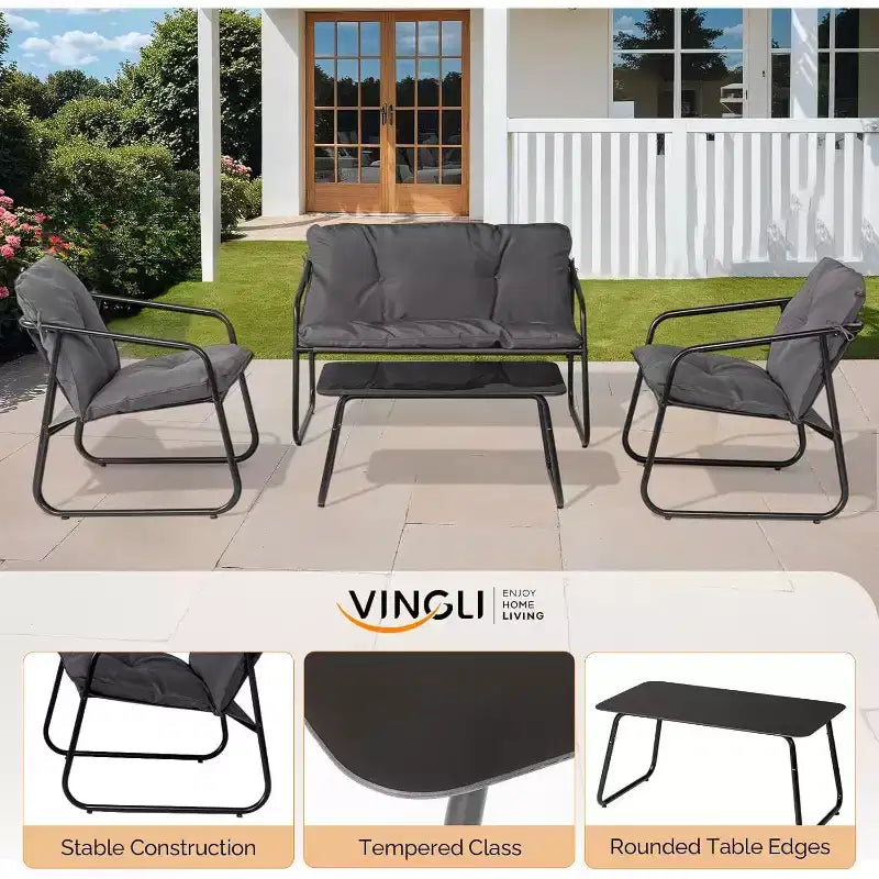 VINGLI Set da Salotto da Esterno a 4 Pezzi, Set di Mobili da Esterno con Tavolino da Caffè in Vetro e Comodi Cuscini, Grigio