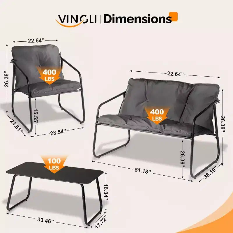 VINGLI Set da Salotto da Esterno a 4 Pezzi, Set di Mobili da Esterno con Tavolino da Caffè in Vetro e Comodi Cuscini, Grigio