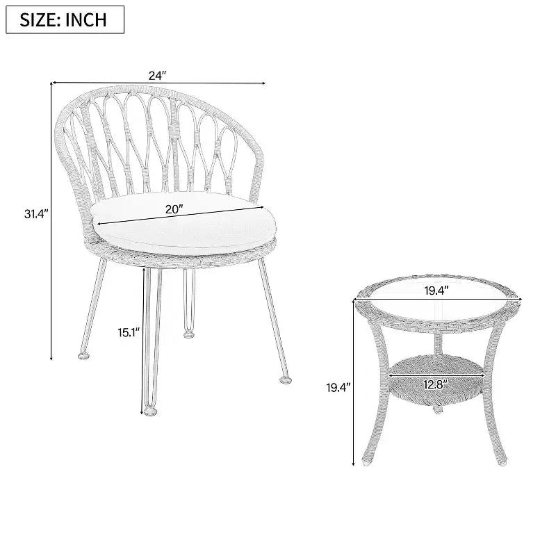 JVNOXK-Set relax da esterno, 2 sedie singole in rattan con tavolino rotondo in vetro, perfetto per patii, balconi e cortili