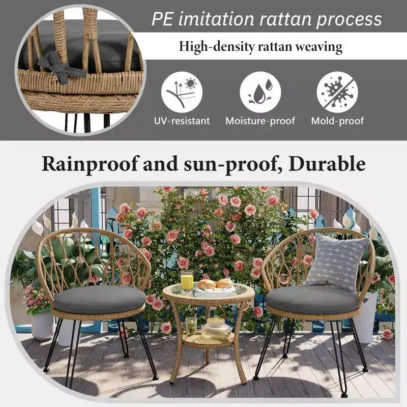 JVNOXK-Set relax da esterno, 2 sedie singole in rattan con tavolino rotondo in vetro, perfetto per patii, balconi e cortili