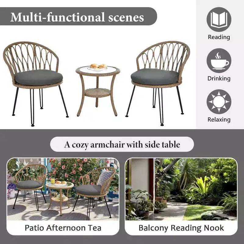 JVNOXK-Set relax da esterno, 2 sedie singole in rattan con tavolino rotondo in vetro, perfetto per patii, balconi e cortili