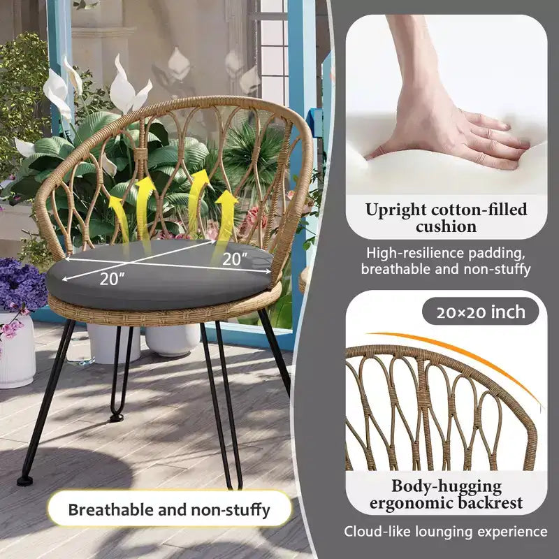JVNOXK-Set relax da esterno, 2 sedie singole in rattan con tavolino rotondo in vetro, perfetto per patii, balconi e cortili