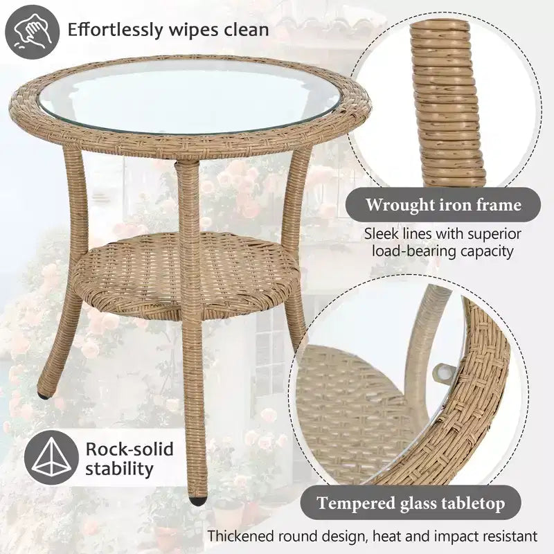 JVNOXK-Set relax da esterno, 2 sedie singole in rattan con tavolino rotondo in vetro, perfetto per patii, balconi e cortili