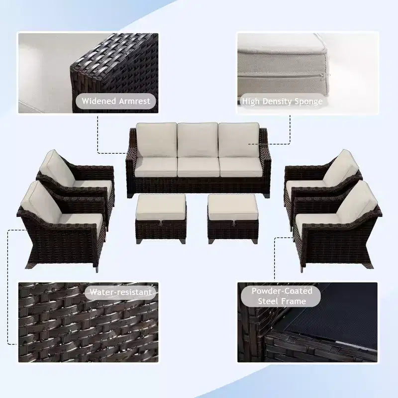 Set da conversazione da esterno in vimini e rattan da 7 pezzi UPTIOT