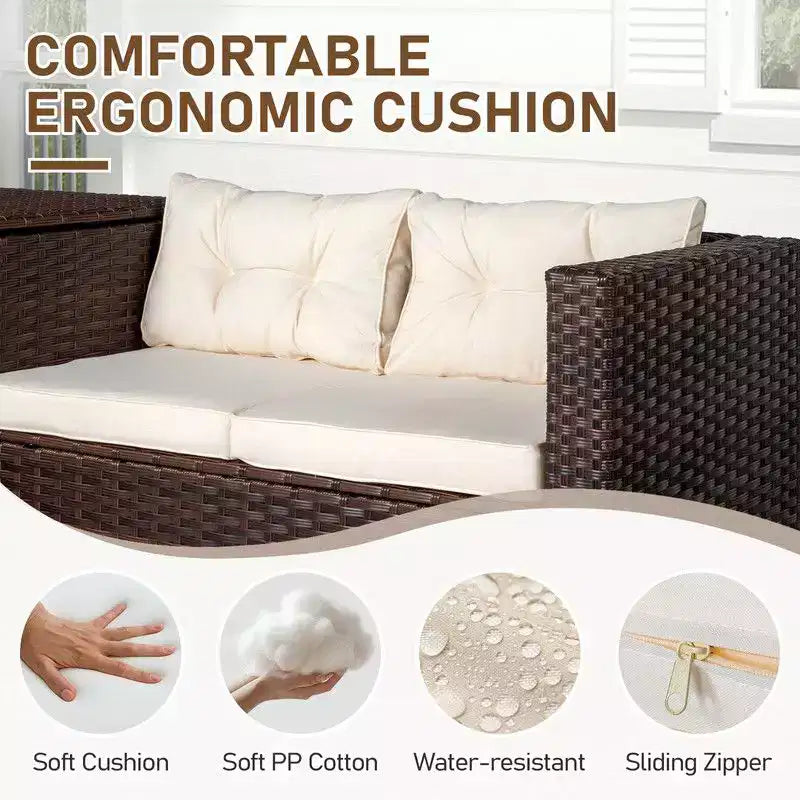 Set da conversazione Karl Home Patio 4 pezzi in vimini marrone con cuscini beige