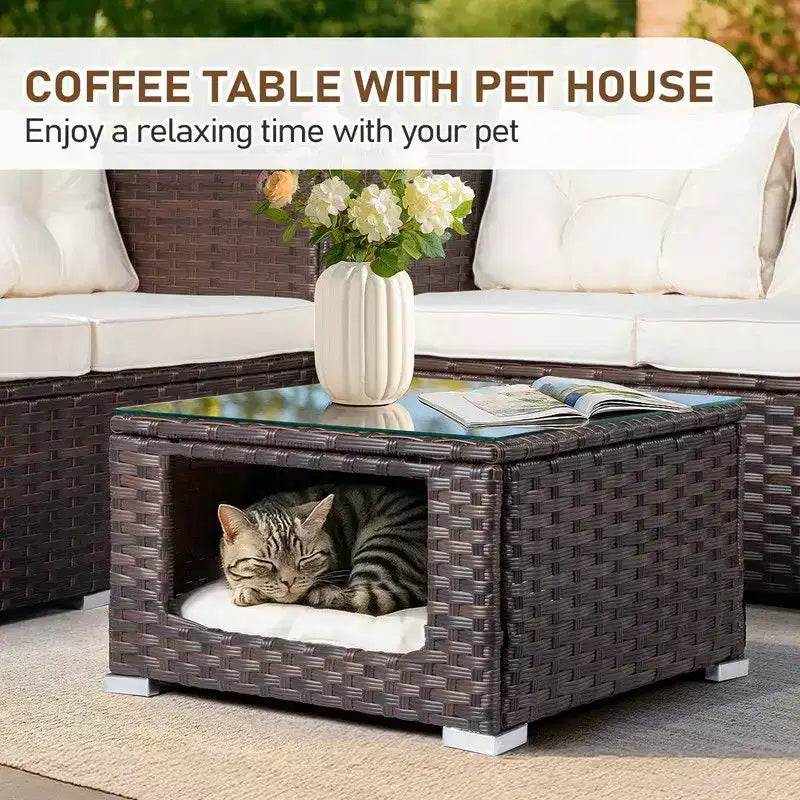 Set da conversazione Karl Home Patio 4 pezzi in vimini marrone con cuscini beige