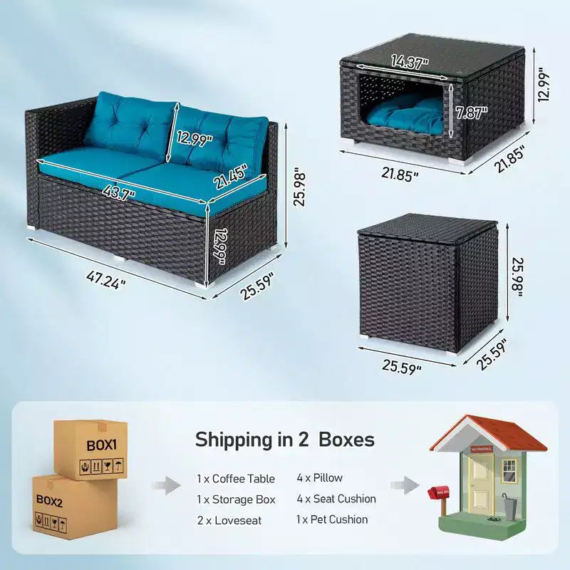 Set da conversazione Karl Home Patio 4 pezzi in vimini marrone con cuscini beige
