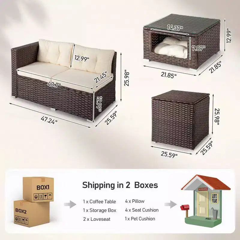 Set da conversazione Karl Home Patio 4 pezzi in vimini marrone con cuscini beige