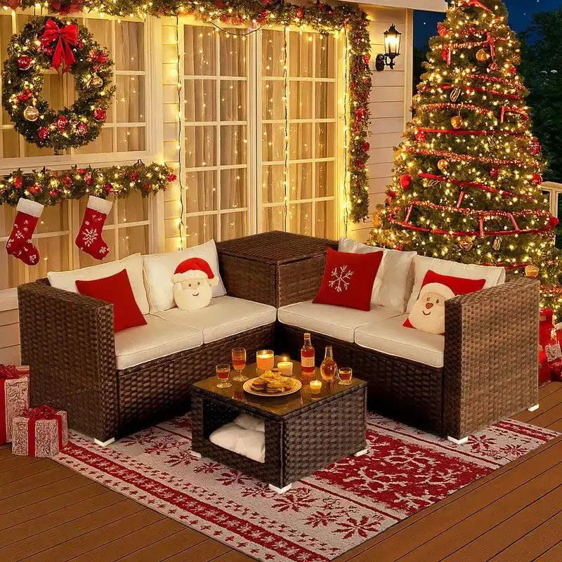 Set da conversazione Karl Home Patio 4 pezzi in vimini marrone con cuscini beige