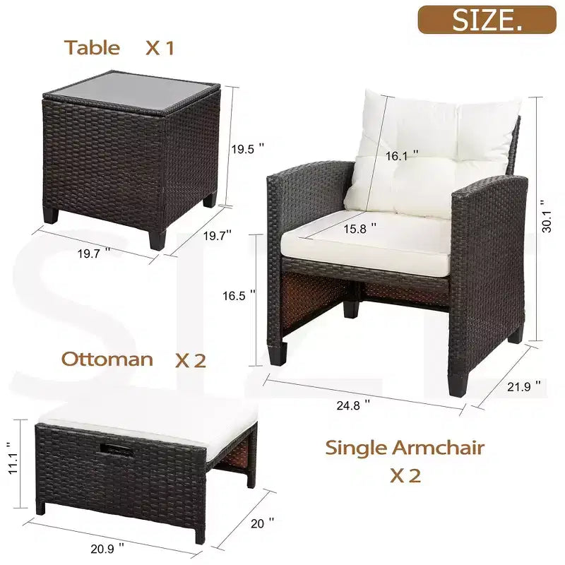 Celebalcony Set di mobili da esterno 5 pezzi, sedie in rattan PE con cuscini, poggiapiedi e tavolino in vetro per portico, giardino, bianco sporco