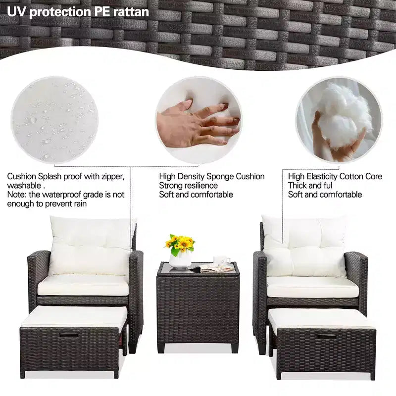 Celebalcony Set di mobili da esterno 5 pezzi, sedie in rattan PE con cuscini, poggiapiedi e tavolino in vetro per portico, giardino, bianco sporco