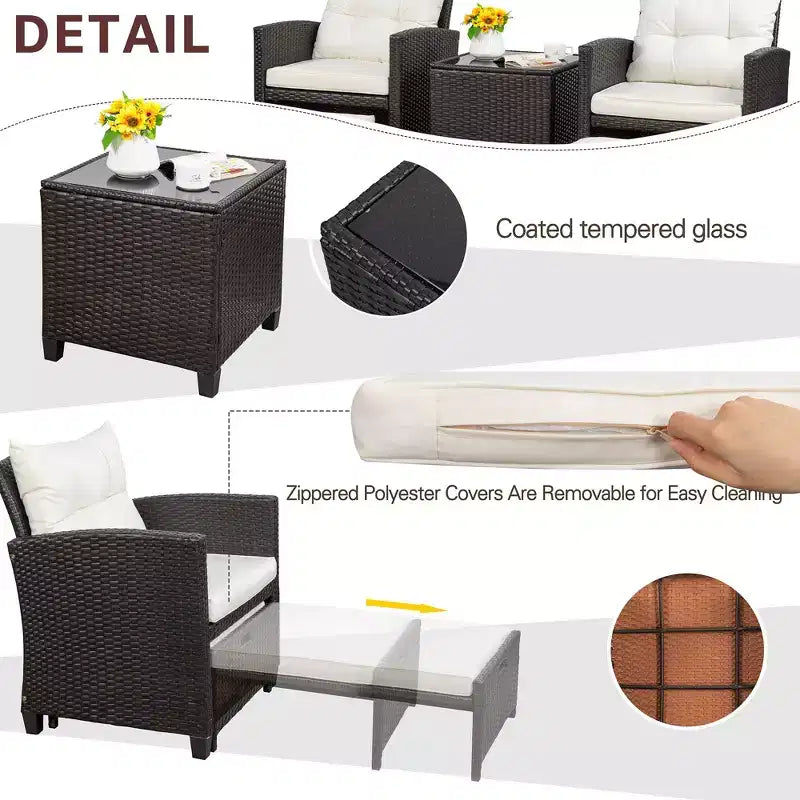 Celebalcony Set di mobili da esterno 5 pezzi, sedie in rattan PE con cuscini, poggiapiedi e tavolino in vetro per portico, giardino, bianco sporco