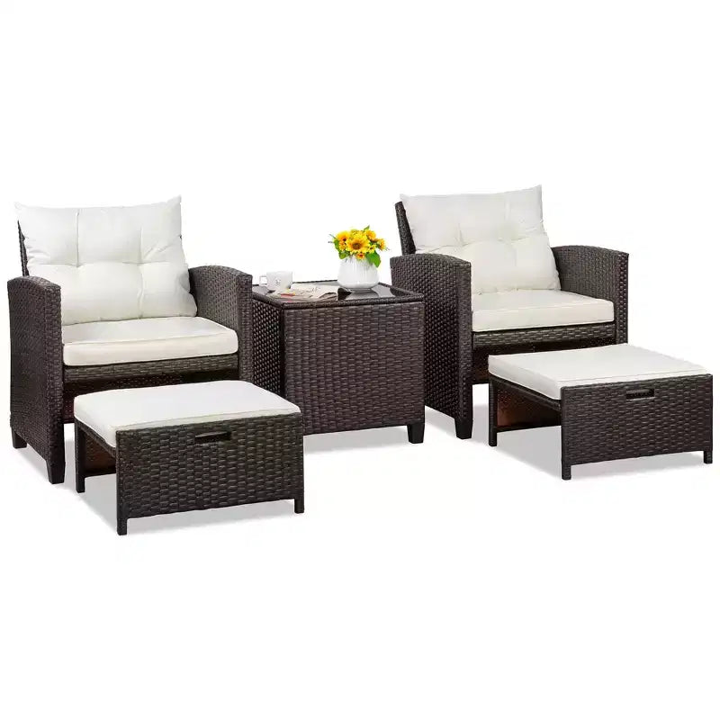 Celebalcony Set di mobili da esterno 5 pezzi, sedie in rattan PE con cuscini, poggiapiedi e tavolino in vetro per portico, giardino, bianco sporco