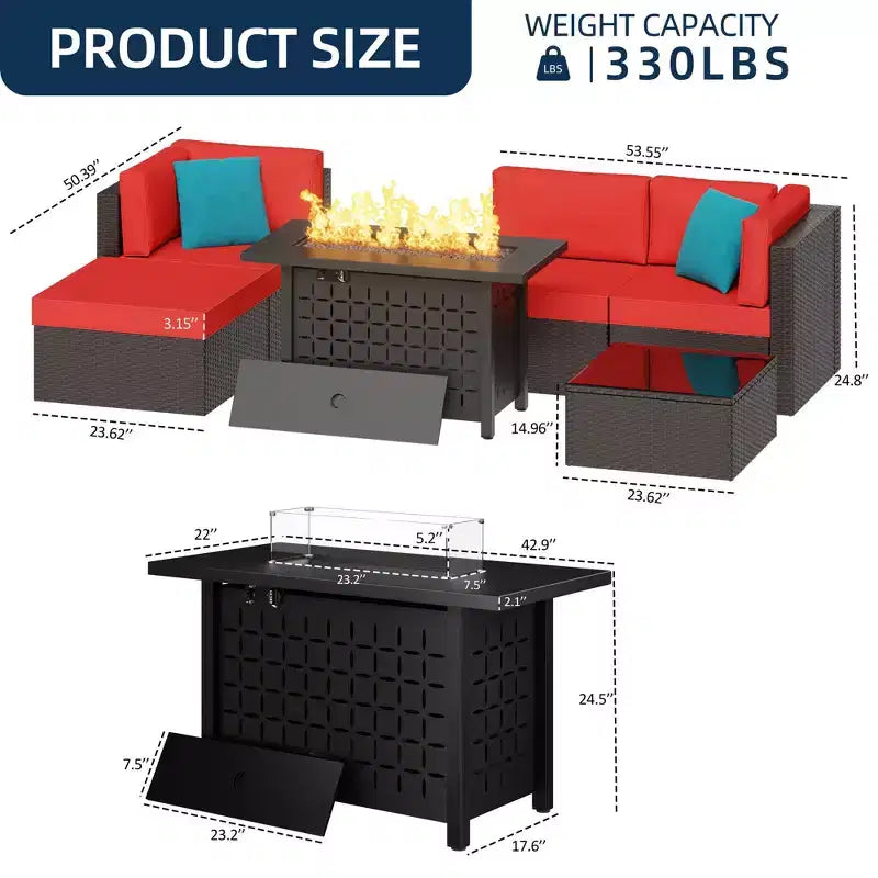 Set di mobili da giardino a 6 pezzi Celebalcony con tavolo braciere da 45 pollici. Set divano sezionale da esterno in vimini e rattan PE con tavolino in vetro