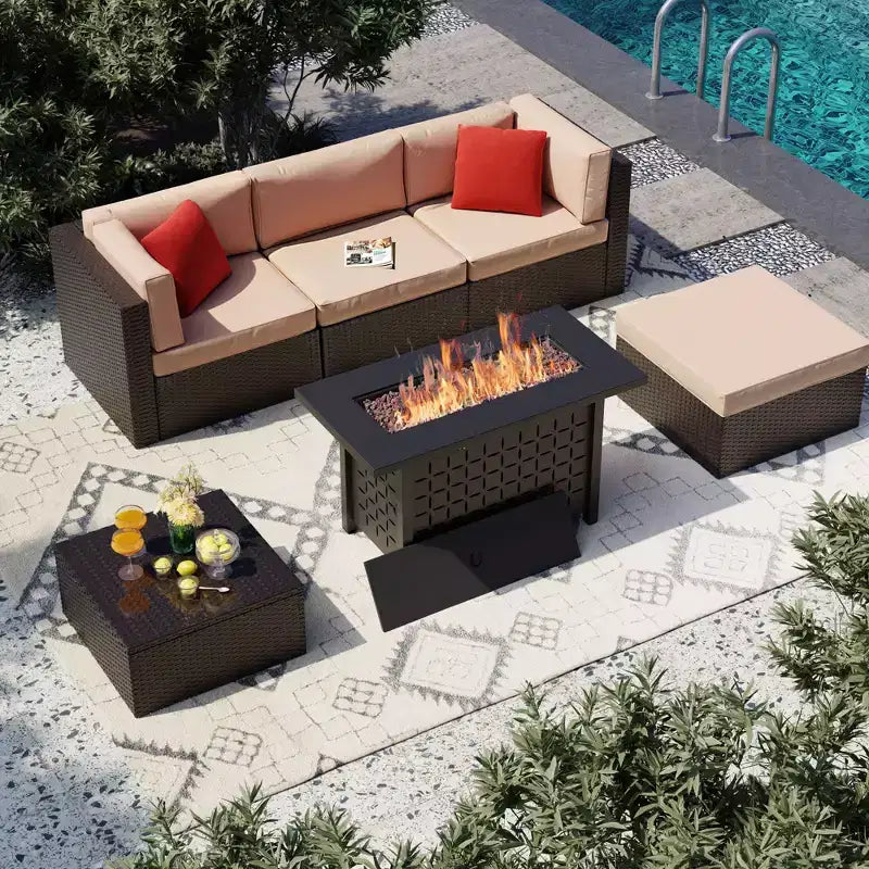 Set di mobili da giardino a 6 pezzi Celebalcony con tavolo braciere da 45 pollici. Set divano sezionale da esterno in vimini e rattan PE con tavolino in vetro