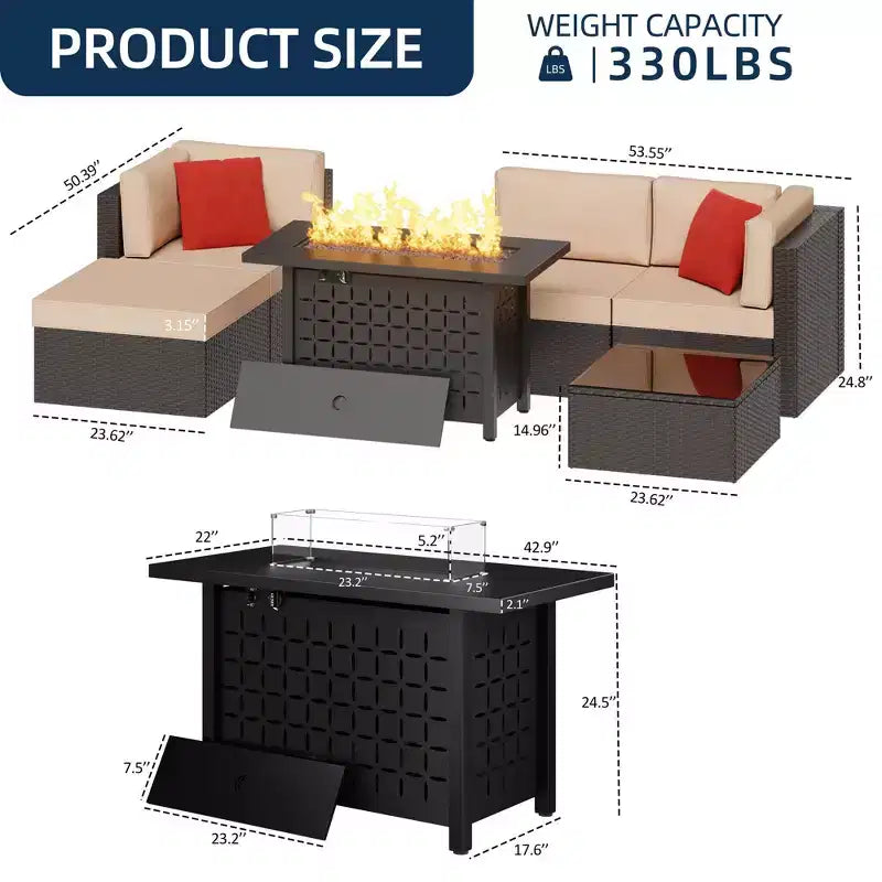 Set di mobili da giardino a 6 pezzi Celebalcony con tavolo braciere da 45 pollici. Set divano sezionale da esterno in vimini e rattan PE con tavolino in vetro