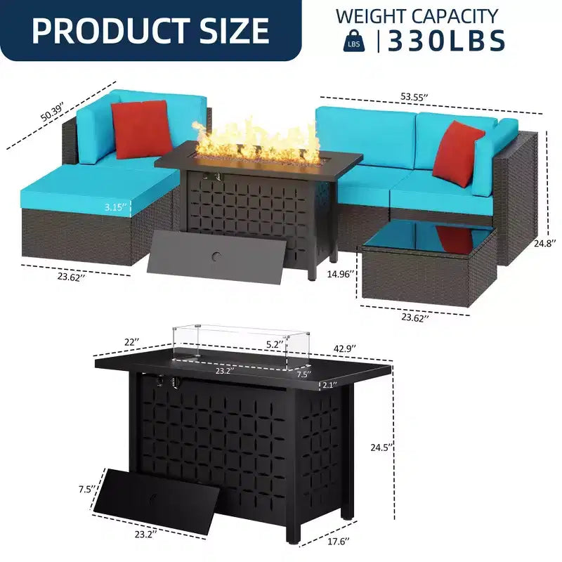 Set di mobili da giardino a 6 pezzi Celebalcony con tavolo braciere da 45 pollici. Set divano sezionale da esterno in vimini e rattan PE con tavolino in vetro