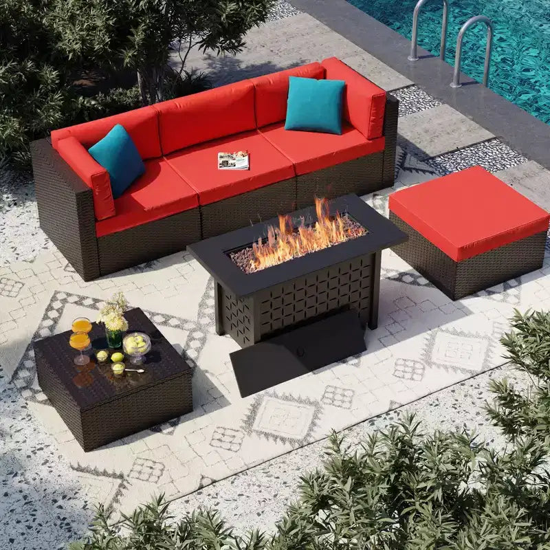 Set di mobili da giardino a 6 pezzi Celebalcony con tavolo braciere da 45 pollici. Set divano sezionale da esterno in vimini e rattan PE con tavolino in vetro
