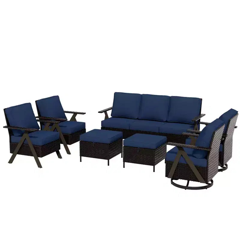 Set da Esterno UPTIOT a 7 Pezzi: Divano a 3 Posti, 2 Poltrone Girevoli a Dondolo, 2 Sedie Singole e 2 Pouf per il Comfort del Patio