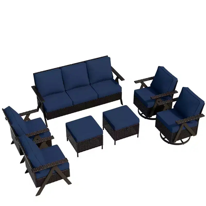 Set da Esterno UPTIOT a 7 Pezzi: Divano a 3 Posti, 2 Poltrone Girevoli a Dondolo, 2 Sedie Singole e 2 Pouf per il Comfort del Patio