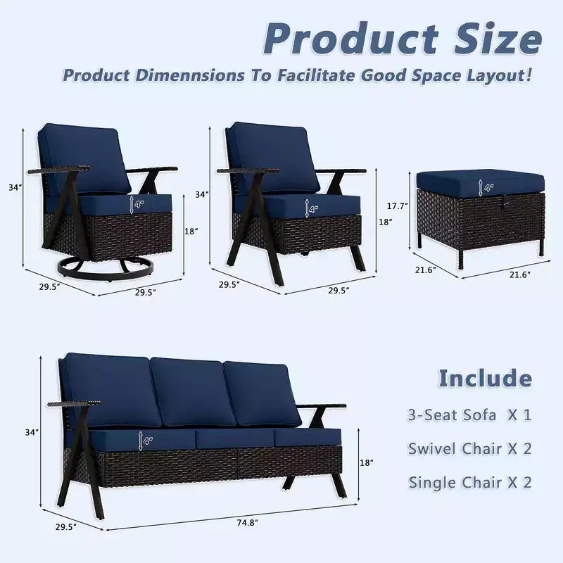 Set da Esterno UPTIOT a 7 Pezzi: Divano a 3 Posti, 2 Poltrone Girevoli a Dondolo, 2 Sedie Singole e 2 Pouf per il Comfort del Patio