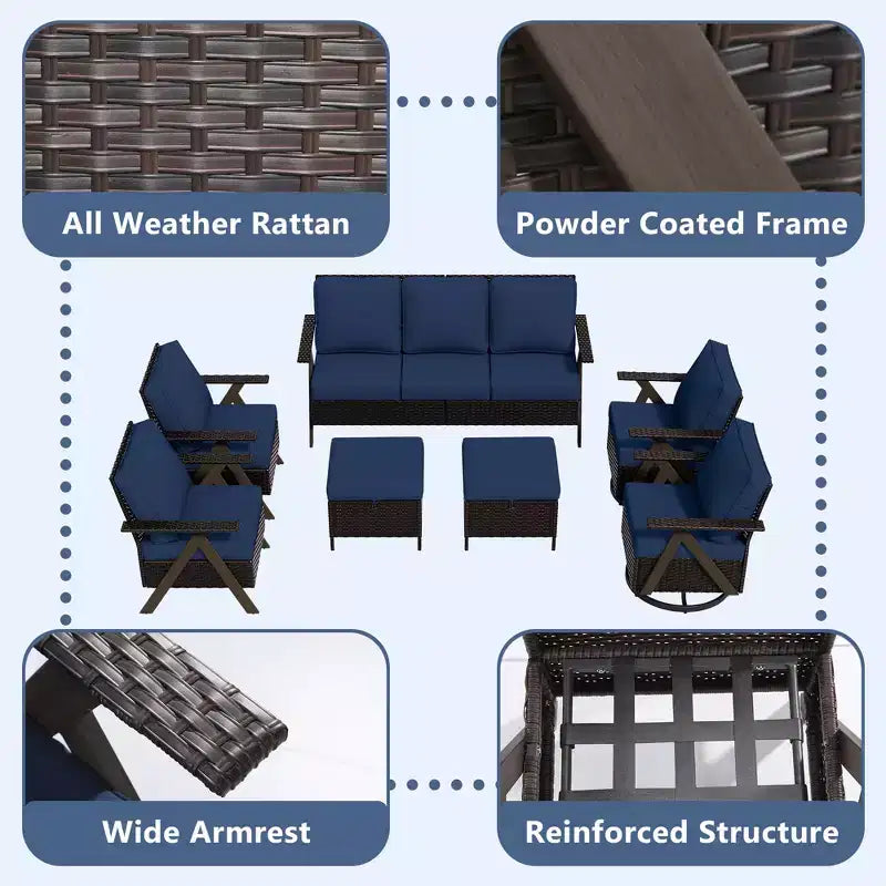 Set da Esterno UPTIOT a 7 Pezzi: Divano a 3 Posti, 2 Poltrone Girevoli a Dondolo, 2 Sedie Singole e 2 Pouf per il Comfort del Patio