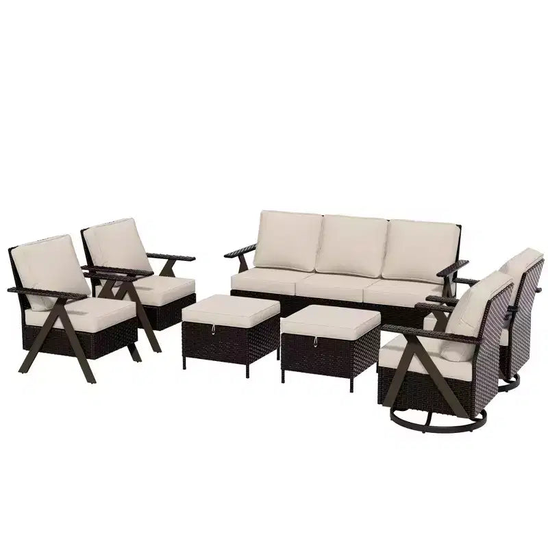Set da Esterno UPTIOT a 7 Pezzi: Divano a 3 Posti, 2 Poltrone Girevoli a Dondolo, 2 Sedie Singole e 2 Pouf per il Comfort del Patio