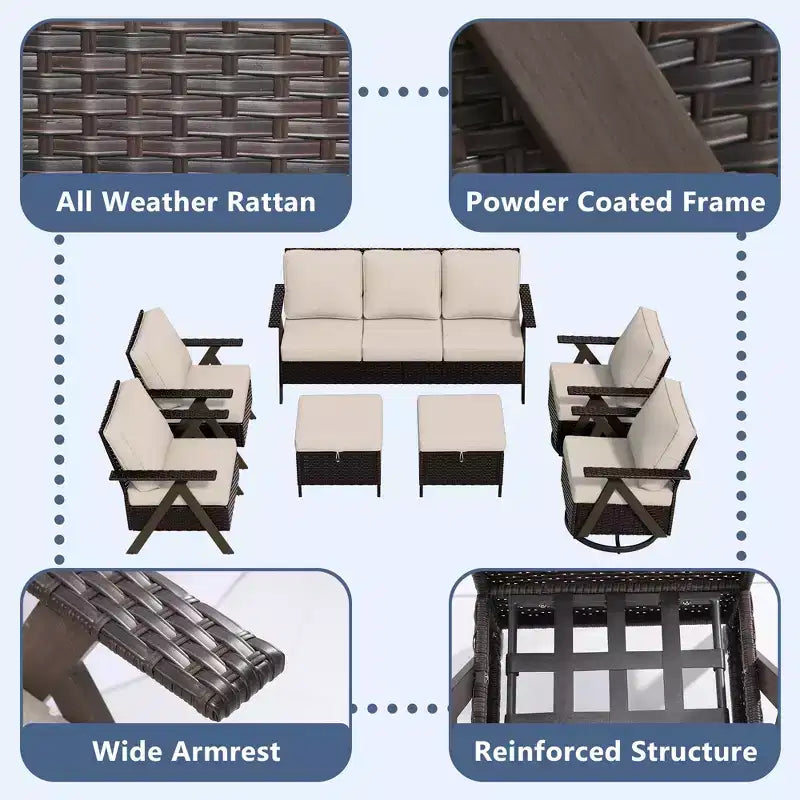 Set da Esterno UPTIOT a 7 Pezzi: Divano a 3 Posti, 2 Poltrone Girevoli a Dondolo, 2 Sedie Singole e 2 Pouf per il Comfort del Patio