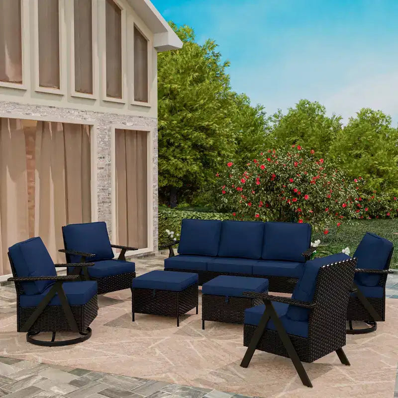 Set da Esterno UPTIOT a 7 Pezzi: Divano a 3 Posti, 2 Poltrone Girevoli a Dondolo, 2 Sedie Singole e 2 Pouf per il Comfort del Patio