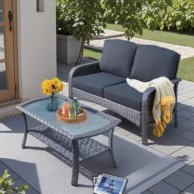 HOMLUX Set da salotto da esterno in vimini, 2 pezzi, per patio, per tutte le stagioni, per portico, terrazza, balcone, giardino