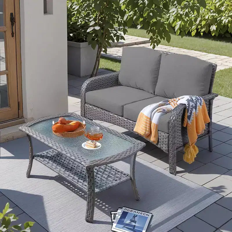 HOMLUX Set da salotto da esterno in vimini, 2 pezzi, per patio, per tutte le stagioni, per portico, terrazza, balcone, giardino