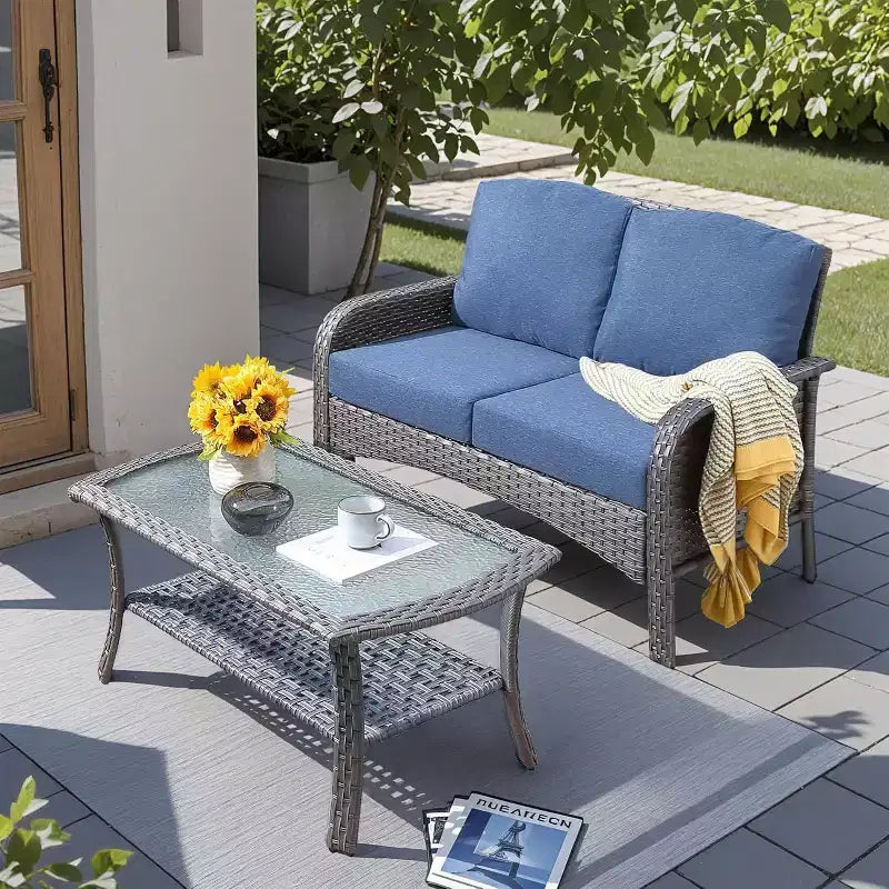 HOMLUX Set da salotto da esterno in vimini, 2 pezzi, per patio, per tutte le stagioni, per portico, terrazza, balcone, giardino
