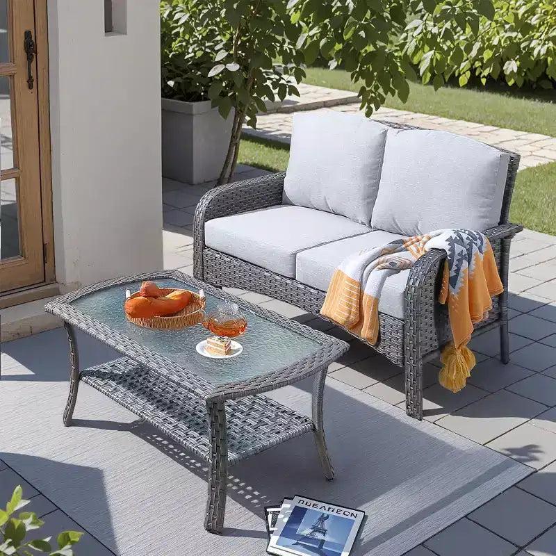 HOMLUX Set da salotto da esterno in vimini, 2 pezzi, per patio, per tutte le stagioni, per portico, terrazza, balcone, giardino