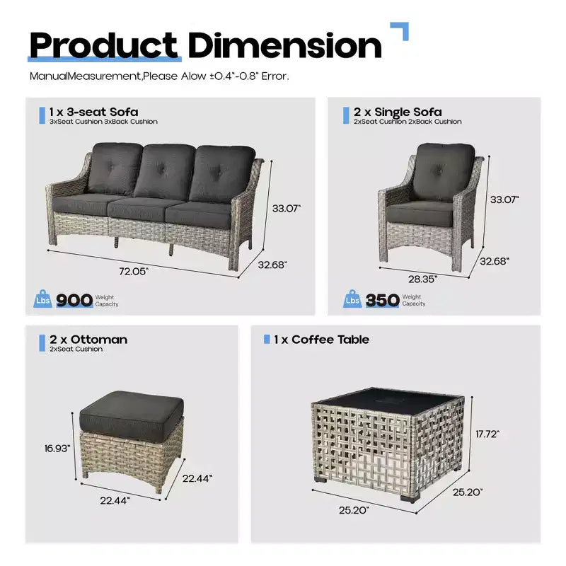HOMLUX Set da conversazione da patio in vimini da 6 pezzi con divano a 3 posti con cuscino, sedie in rattan, poggiapiedi, tavolino da caffè