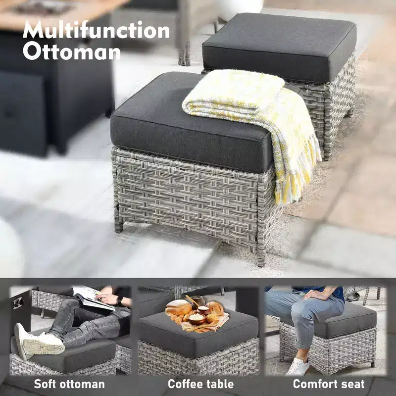 HOMLUX Set da conversazione da patio in vimini da 6 pezzi con divano a 3 posti con cuscino, sedie in rattan, poggiapiedi, tavolino da caffè