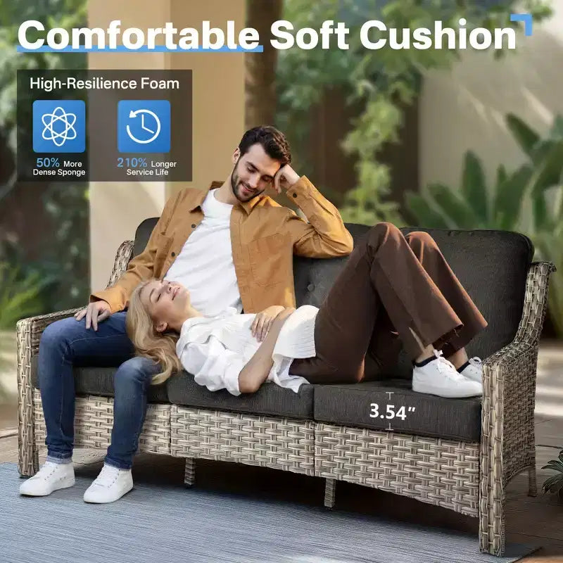 HOMLUX Set da conversazione da patio in vimini da 6 pezzi con divano a 3 posti con cuscino, sedie in rattan, poggiapiedi, tavolino da caffè