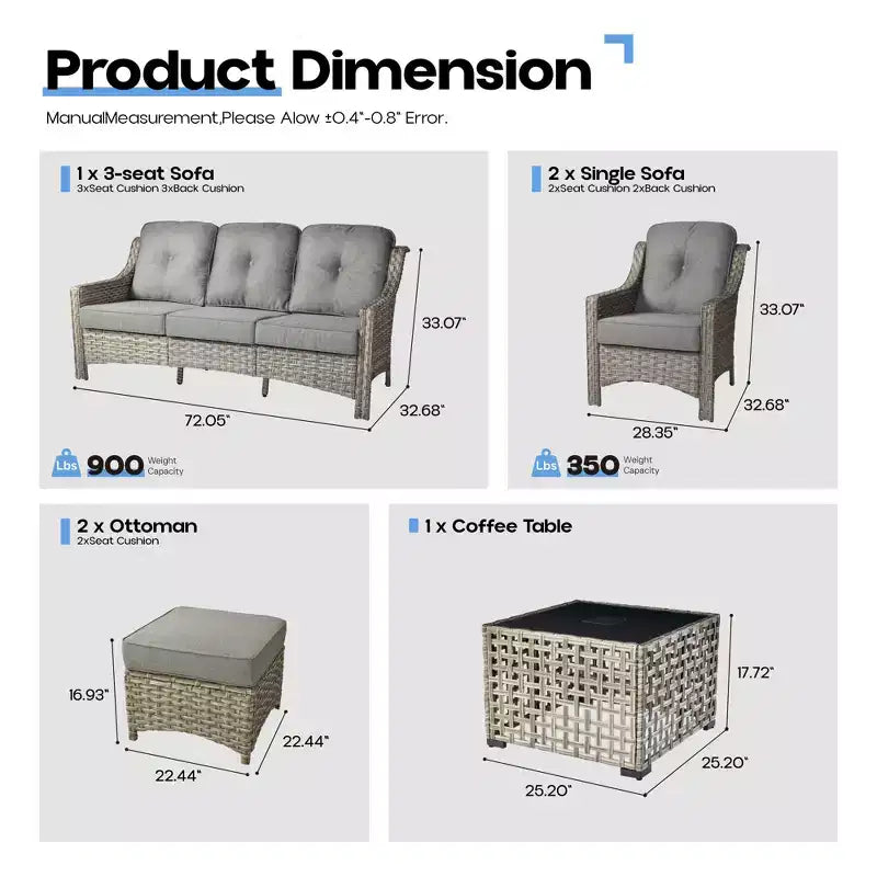 HOMLUX Set da conversazione da patio in vimini da 6 pezzi con divano a 3 posti con cuscino, sedie in rattan, poggiapiedi, tavolino da caffè